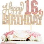 Happy 16th Birthday Gold & Pink Rhinestone Cake Topper - Cheers to 16 Years Old Sixteen Bday Metal Sparkly Cake Centerpieces Topper Decorations Sign.