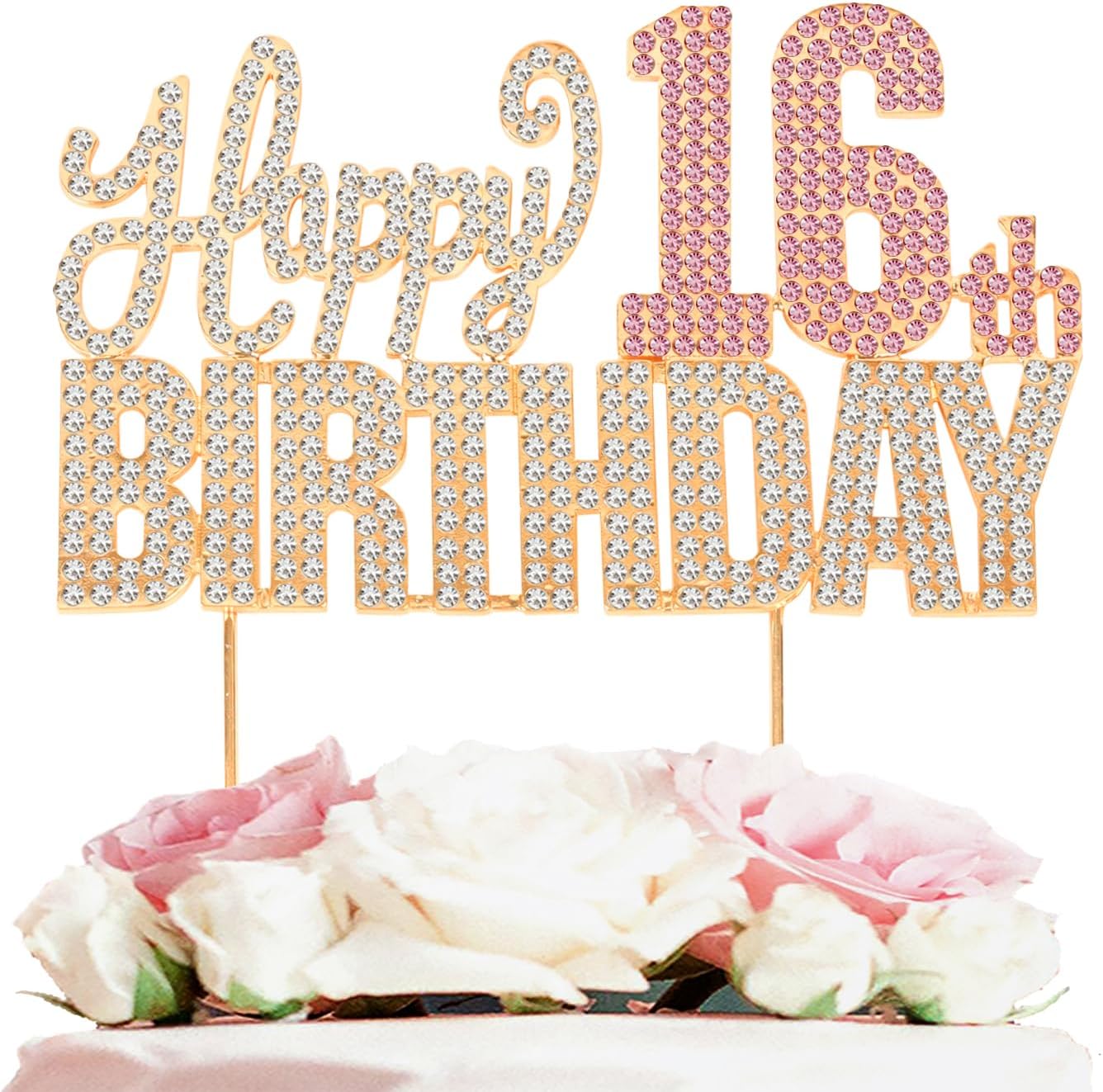 Happy 16th Birthday Gold & Pink Rhinestone Cake Topper - Cheers to 16 Years Old Sixteen Bday Metal Sparkly Cake Centerpieces Topper Decorations Sign.