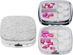 Set of 2 Square-Shaped Pocket Purse Pill Box with Mirror (Silver Etched Floral Print)