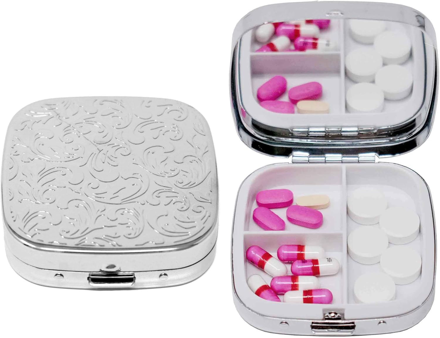 Set of 2 Square-Shaped Pocket Purse Pill Box with Mirror (Silver Etched Floral Print)