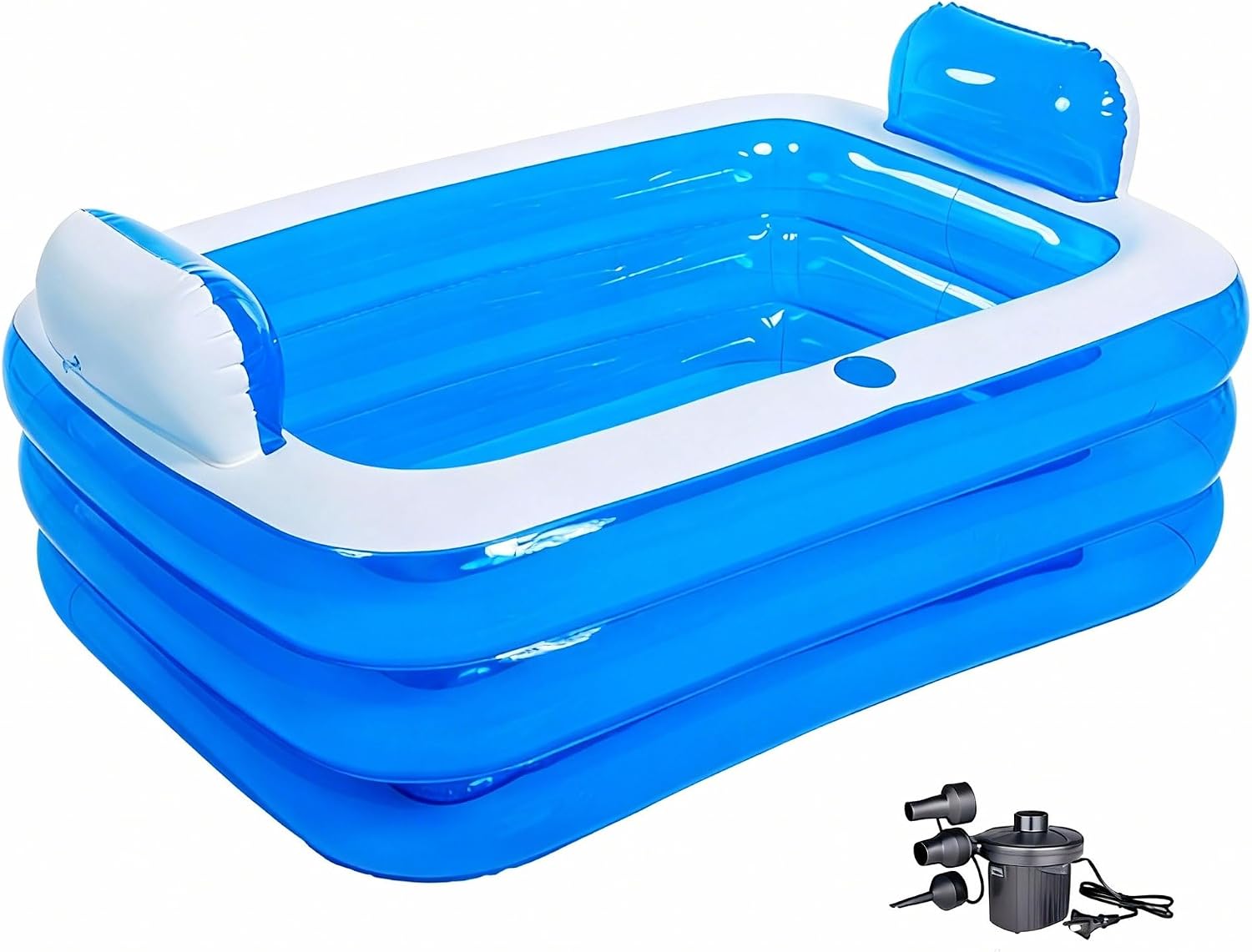 Double Inflatable Bathtub for 2 Person with Electric Air Pump, Portable 2-Seat Blow Up Bath Tub for Adults, Foldable Spa Tub for Outdoor & Indoor Use, Includes Bath Pillow, Drain & Cup Holder, Blue