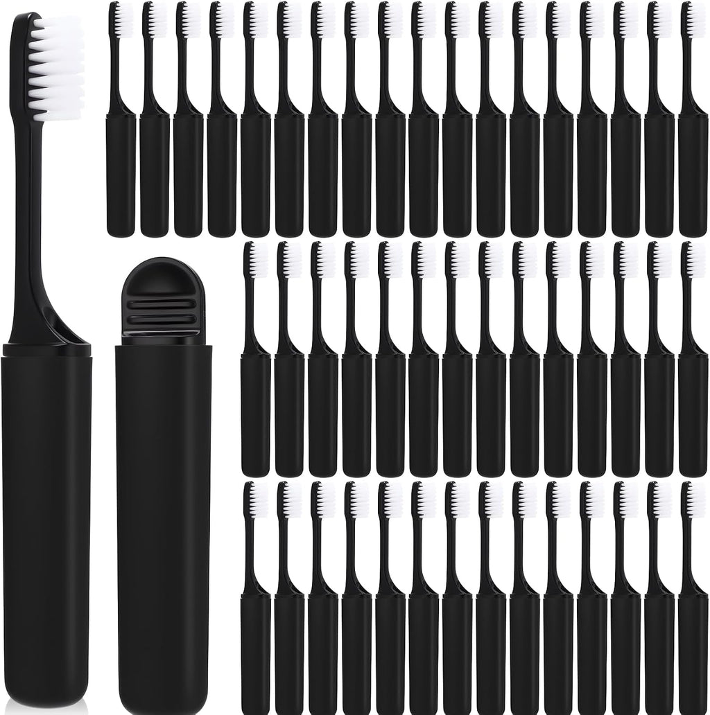 Rtteri 50 Pcs Travel Toothbrush Kit Bulk Folding Tooth Brush with Cover Transparent Potable Travel Size Mini Toothbrush Small Foldable Manual Tooth Brushes for Adult Camping School (Black Matte)