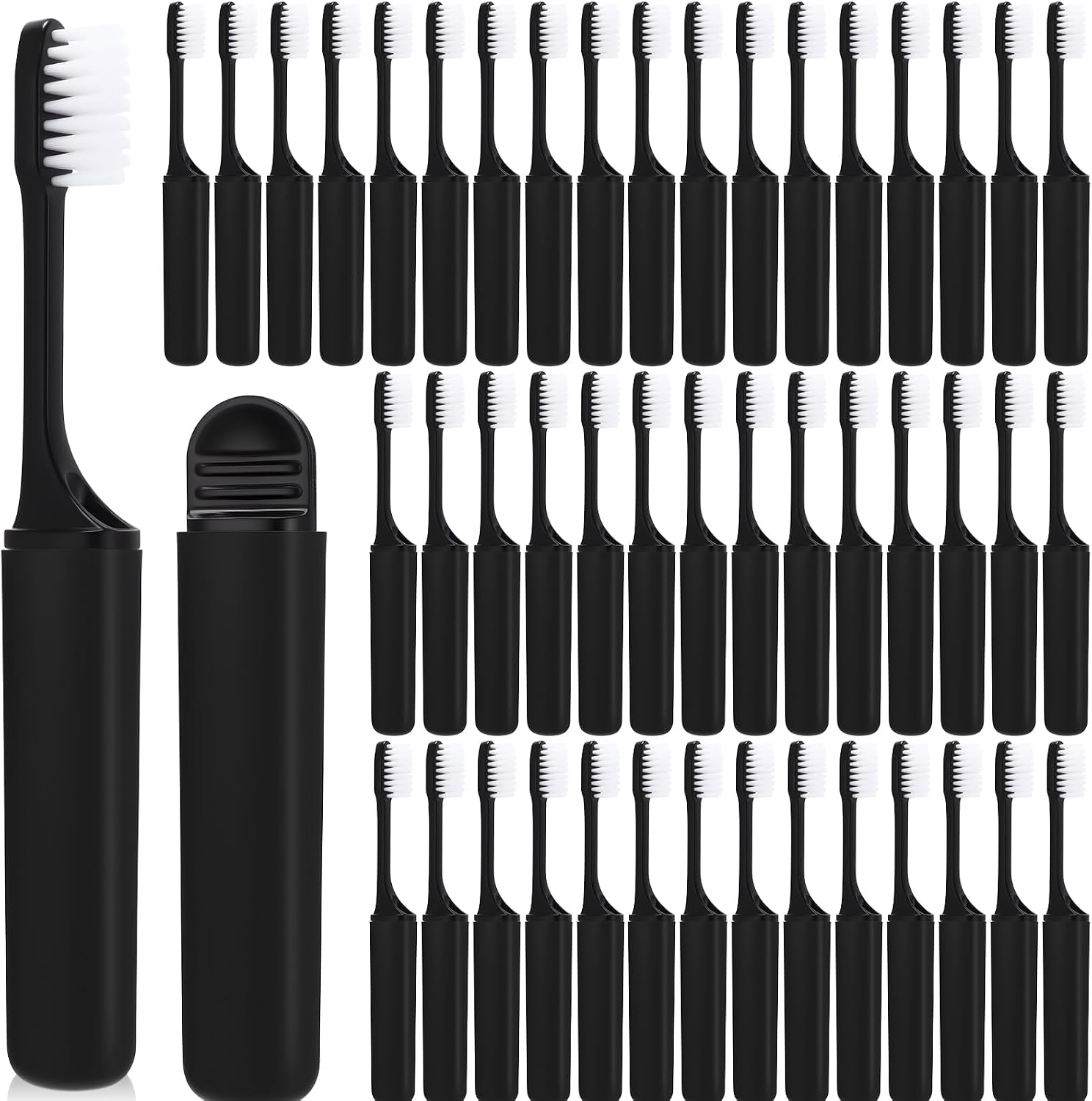 Rtteri 50 Pcs Travel Toothbrush Kit Bulk Folding Tooth Brush with Cover Transparent Potable Travel Size Mini Toothbrush Small Foldable Manual Tooth Brushes for Adult Camping School (Black Matte)