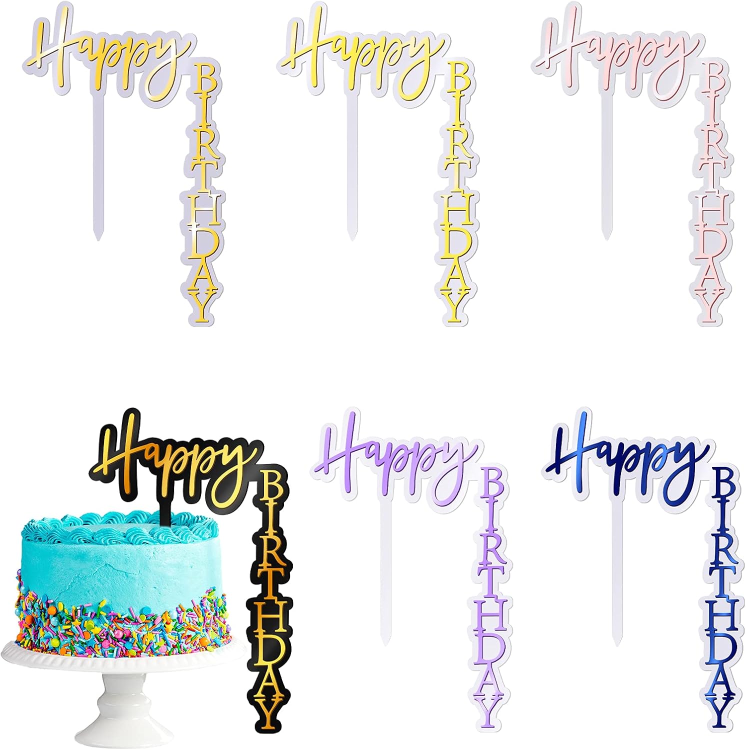 6 Pieces Acrylic Happy Birthday Cake Toppers Decoration Right Angled Shape Vertical Cake Pick Decor Party Supplies for Adults Friends