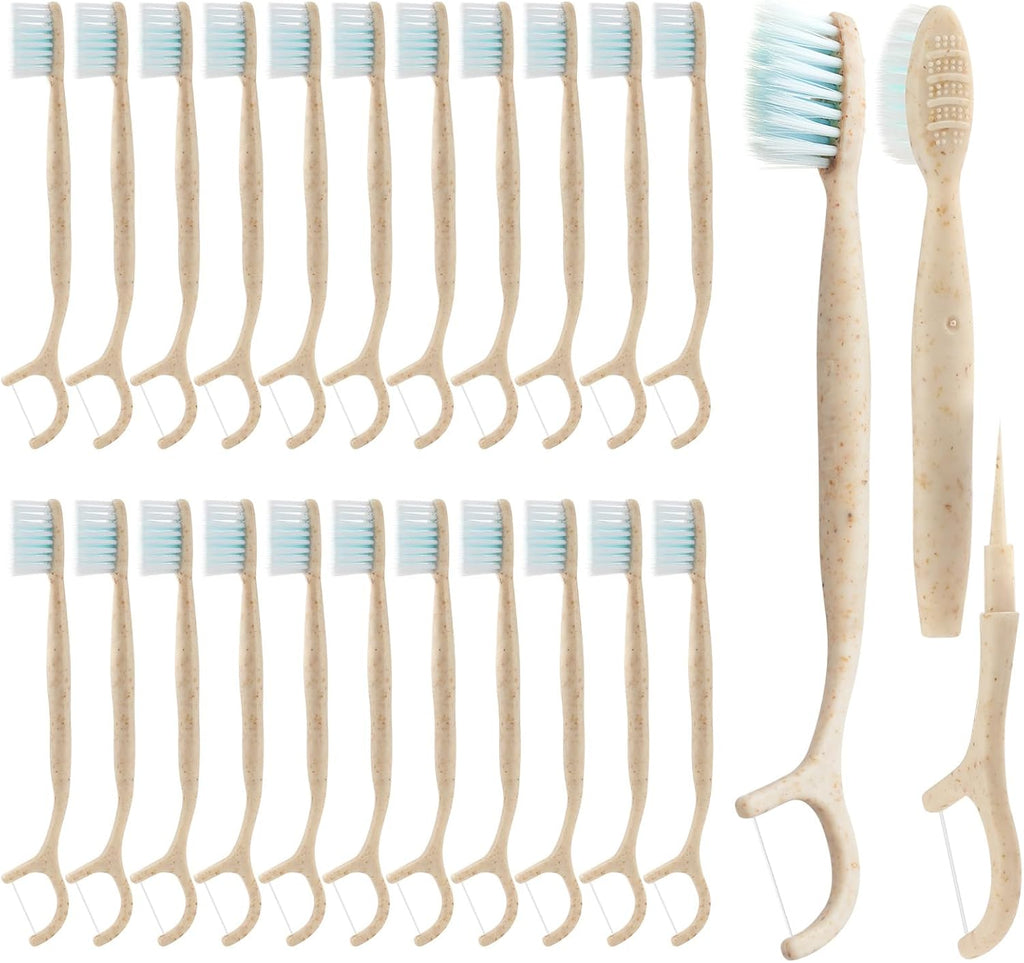 Travel Toothbrush Dental Floss Picks - 4 in 1 Biodegradable Disposable Toothbrushes with Tongue Scraper, Eco-Friendly Individually Wrapped Toothbrush for Adult Kids Travel Oral Care, 20 Pack