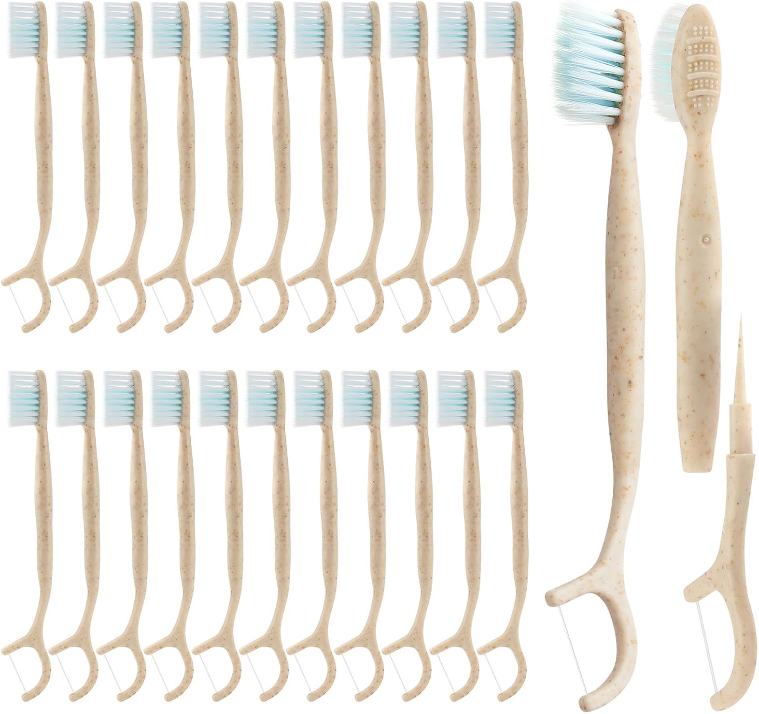 Travel Toothbrush Dental Floss Picks - 4 in 1 Biodegradable Disposable Toothbrushes with Tongue Scraper, Eco-Friendly Individually Wrapped Toothbrush for Adult Kids Travel Oral Care, 20 Pack