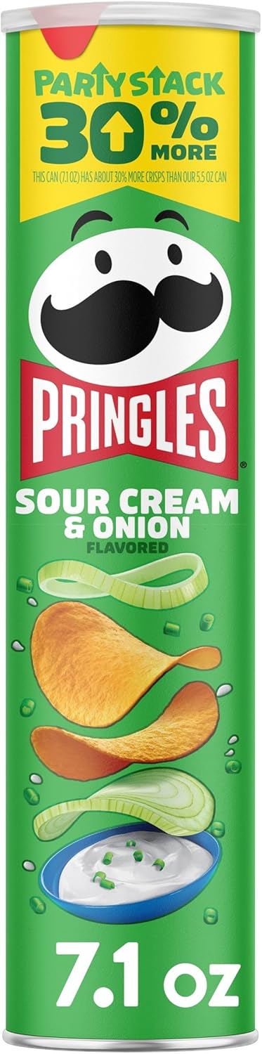 Pringles Potato Crisps Chips, Lunch Snacks, On-the-Go Snacks, Party Stack, Sour Cream and Onion, 7.1oz Can (1 Can)