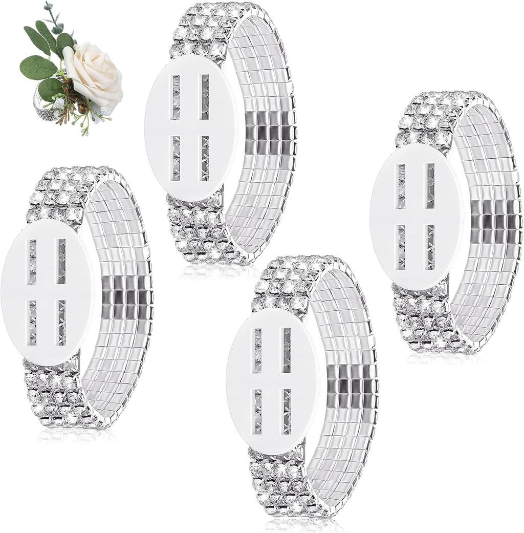 Tucnoeu 4 Pcs Corsage Wristlet Bands Rhinestone Bracelet, Rhinestone Wrist Corsage, Elastic DIY Wrist For Wedding Party Prom Bride Shower Party Anniversary
