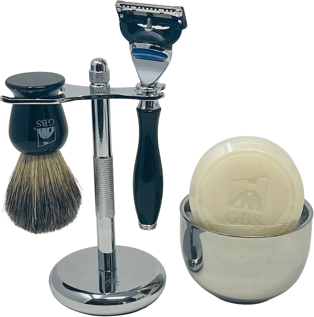 G.B.S Premium Shaving Set for Men – Pure Badger Brush, Fusion Compatible 5-Blade Razor with Weighted Ebony Handle, Natural Shave Soap, Chrome Stand & Stainless Steel Bowl