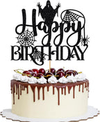 1 PCS Halloween Happy Birthday Cake Topper, Spider Terror Spooky Haunted House Black Glitter Cake Supplies, Creepy Birthday Themed Party Decoration Supplies