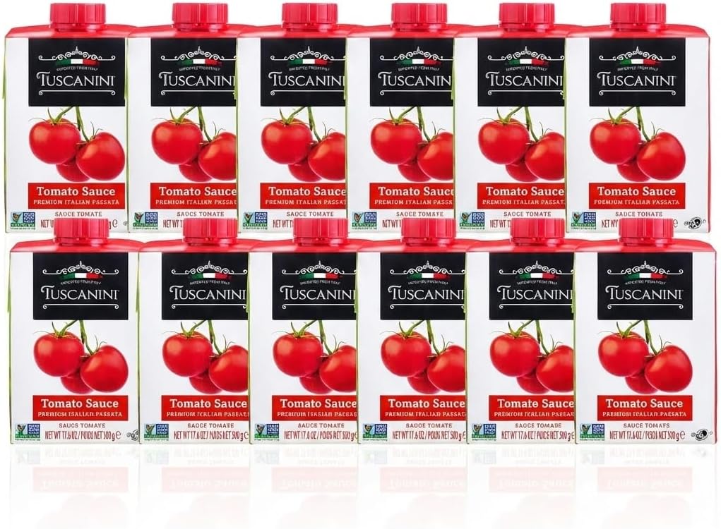 Tuscanini Premium Italian Passata Tomato Sauce, 17.6oz (Pack of 12) | Resealable BPA-Free Cartons | Smooth Strained Tomatoes | No Sugar Added, Non-GMO | Product of Italy
