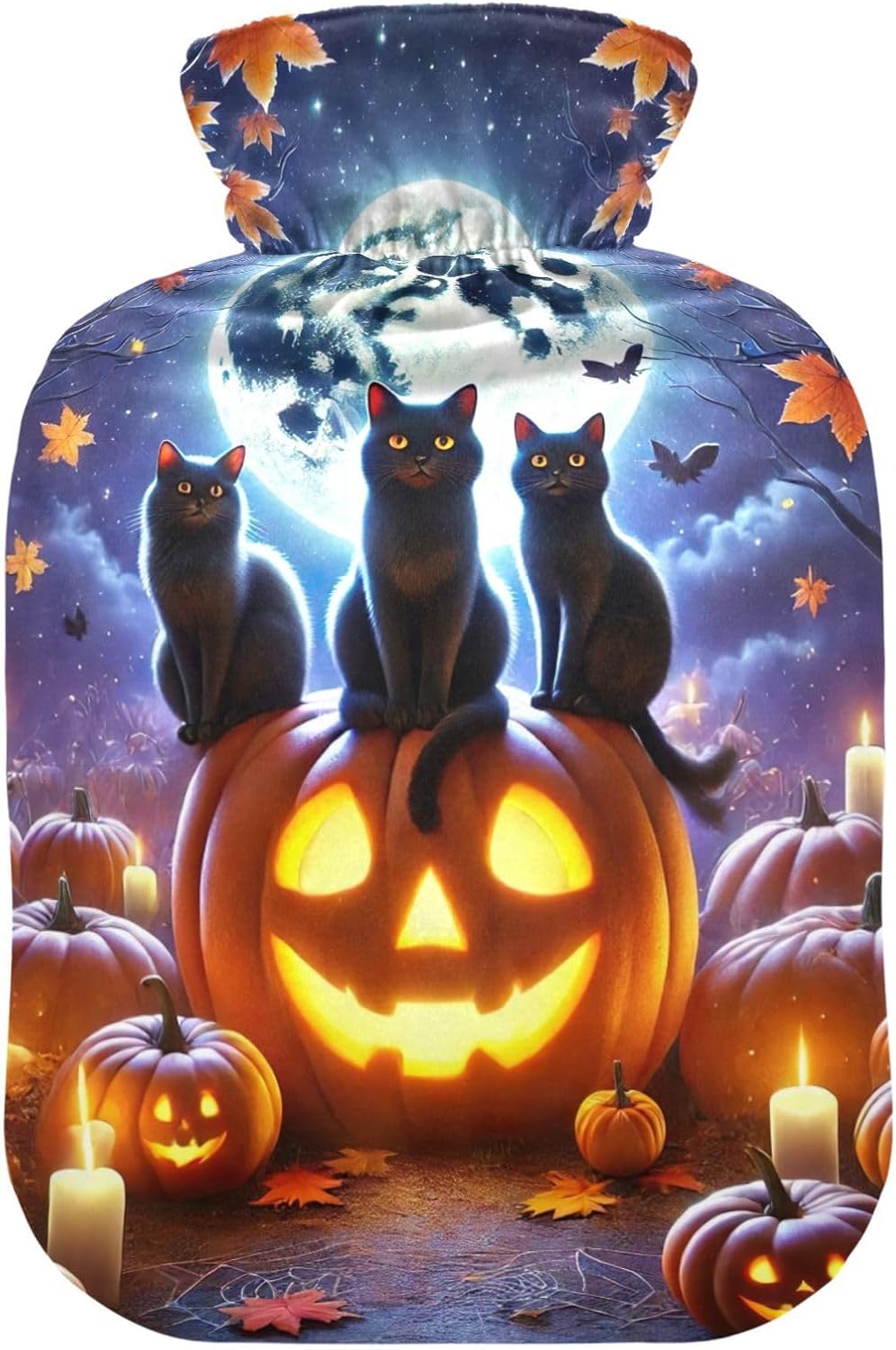 Halloween Cats on Pumpkin Hot Water Bottle with Soft Cover Feet and Bed Warmer Hot Water Bag for Pain Relief, 2 Liters