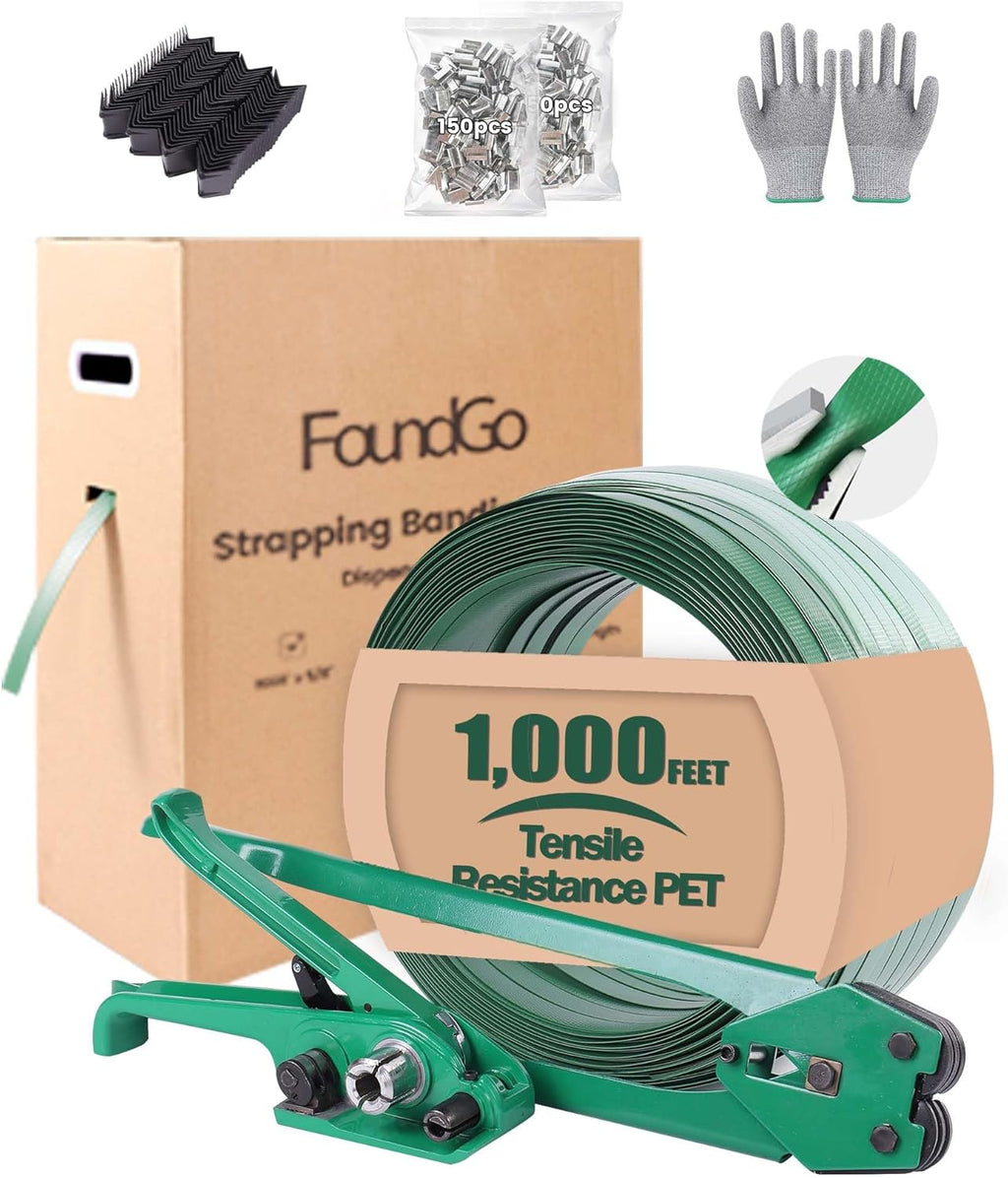 FoundGo PET Banding Strapping Kit for Heavy Duty Tough Pallet Packaging Strapping Tool with >1500lbs 5/8" x 1000' PET Strapping Roll & its own Pull-Out Box 100 Corner Protectors 300 Seals