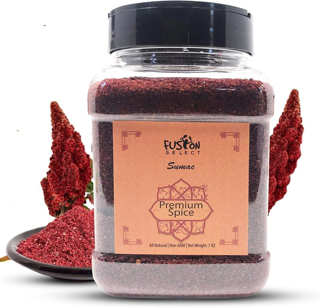 Fusion Select 100% Pure Sumac Spice, 100% Natural Sumac Powder | No Salt | Non-GMO | Middle Eastern Spices | Sumac Seasoning | Double Lids Jar (7 Ounce)