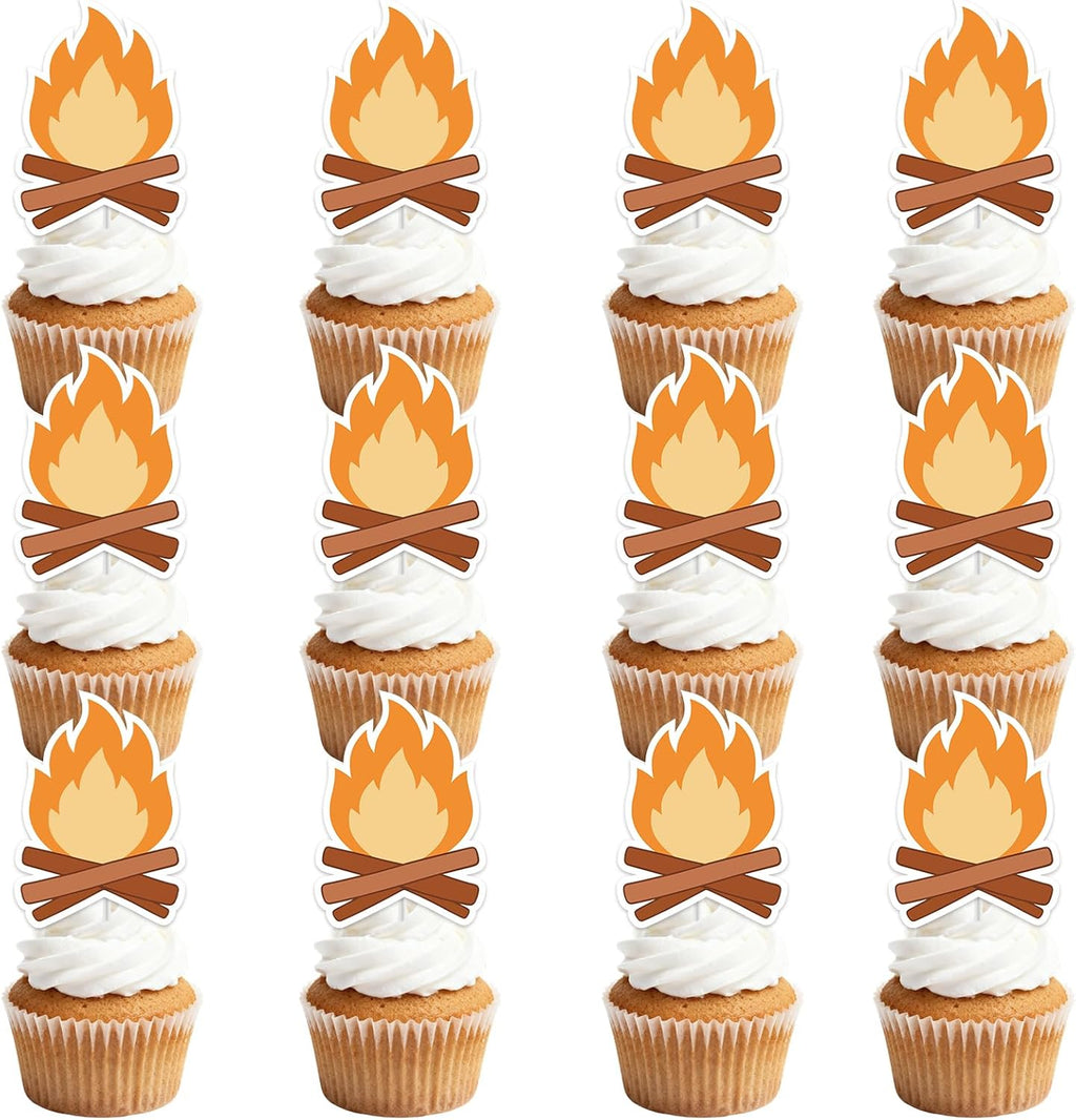 36Pcs Gold Glitter Bonfire Dessert Cupcake Toppers Pick for Camping Out Campfire Adventure Theme Decor Supplies Men Boys Women Girls Happy Birthday Sports Stars Party Supplies