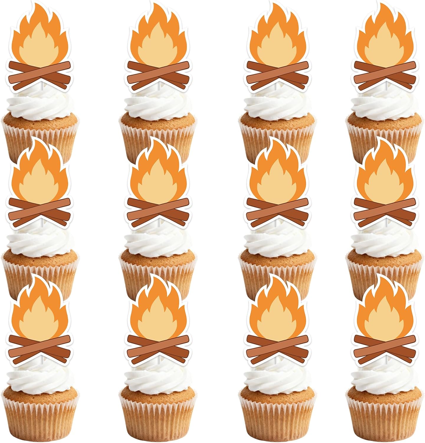 36Pcs Gold Glitter Bonfire Dessert Cupcake Toppers Pick for Camping Out Campfire Adventure Theme Decor Supplies Men Boys Women Girls Happy Birthday Sports Stars Party Supplies