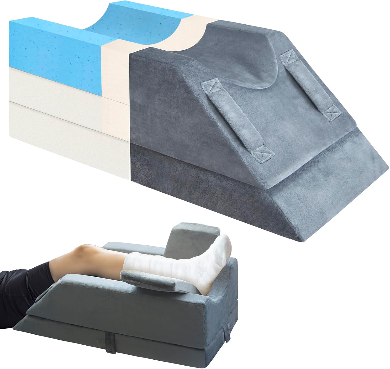 KingPavonini 4-Height Adjustable Leg Elevation Pillows for After Surgery, Injuries, or Rest, Memory Foam Leg Pillows for Sleeping with 3 Handles and Insert Pad, Washable Velvet Cover
