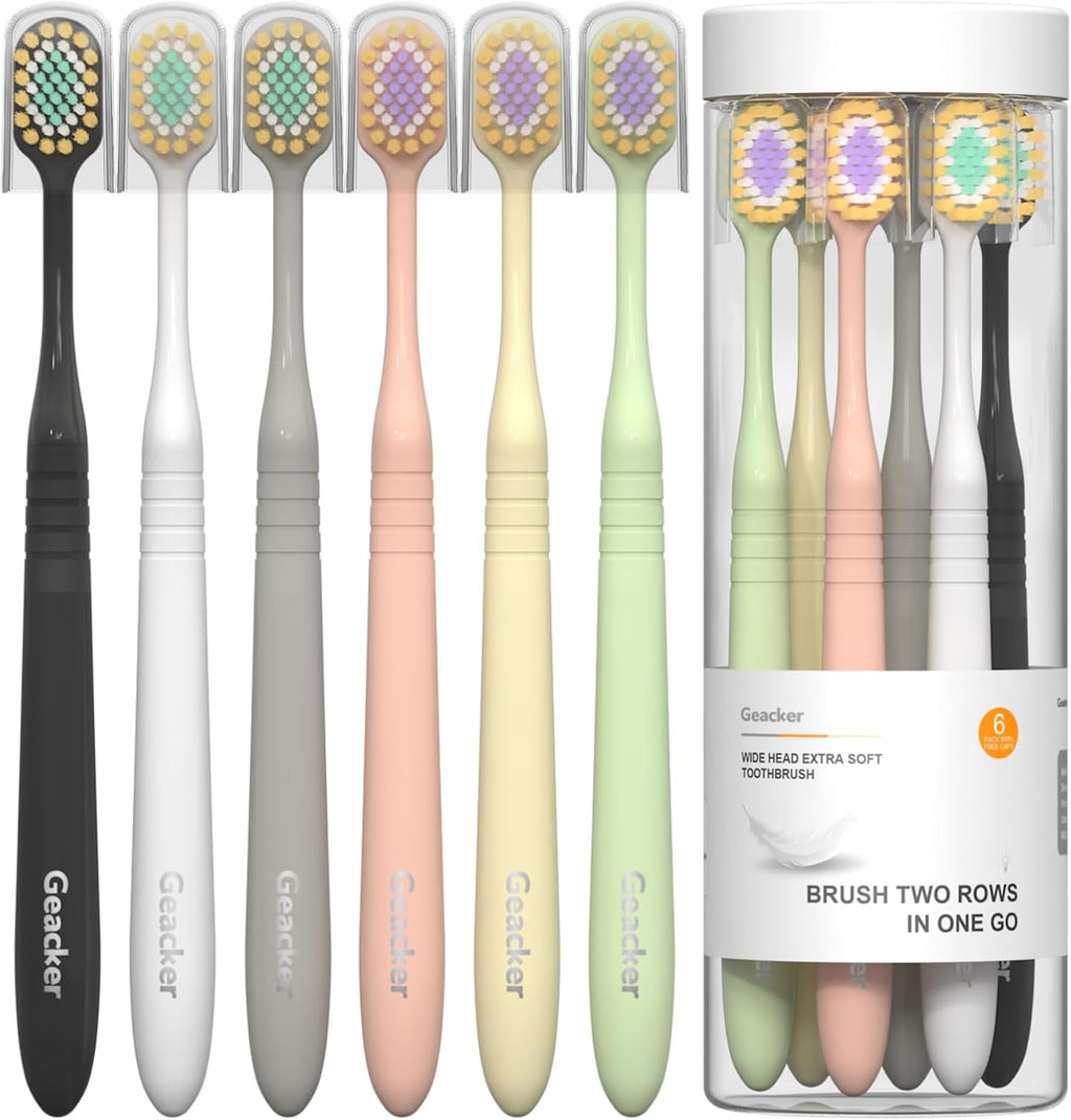 Extra Soft Toothbrush for Adults with Wide Head – Ultra Soft Nano Bristles, Gentle Manual Toothbrush with Cover for Sensitive Teeth and Gums, 6 Pack, Multi-Color, for Travel and Daily Use