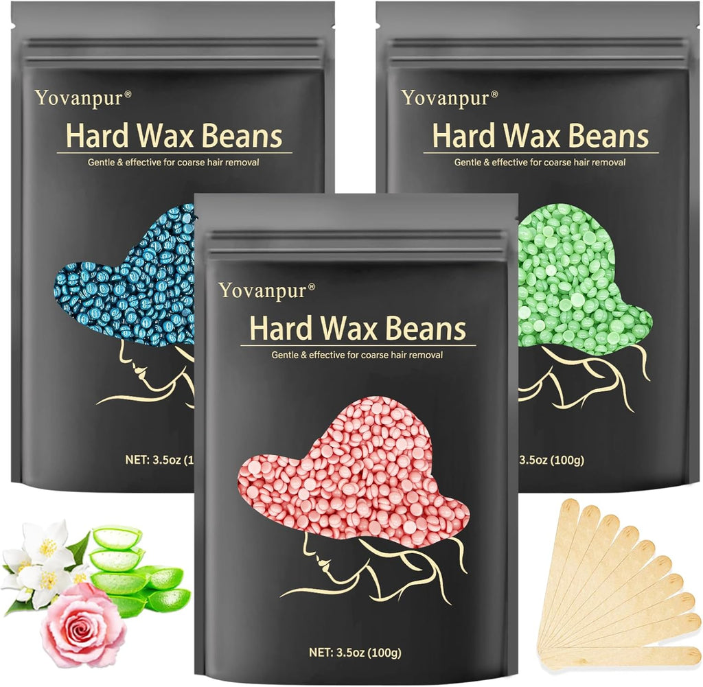 Hard Wax Beads, Yovanpur 10.5oz Waxing Beans for Hair Removal, Brazilian, Bikini, Face, Eyebrows, Underarms, Chest, Back, Legs, Wax Refill for Women & Men, Pack of 3