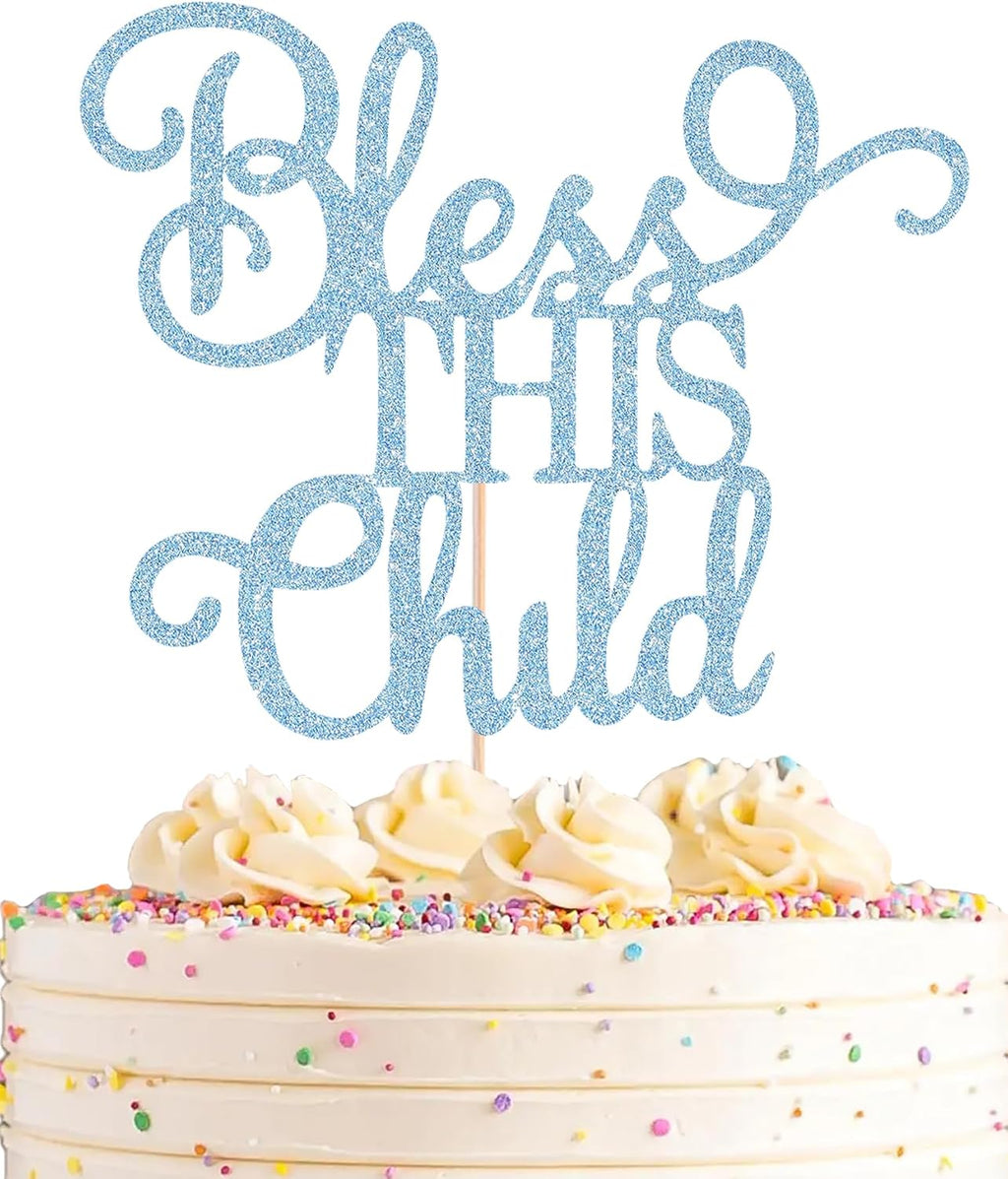 Bless This Child Cake Topper - Light Blue Glitter Chlid Christening Cake Decoration Supply - Smash Cake Topper for First Holy Communion Party/Baby Shower - Baptisim Cake Decor