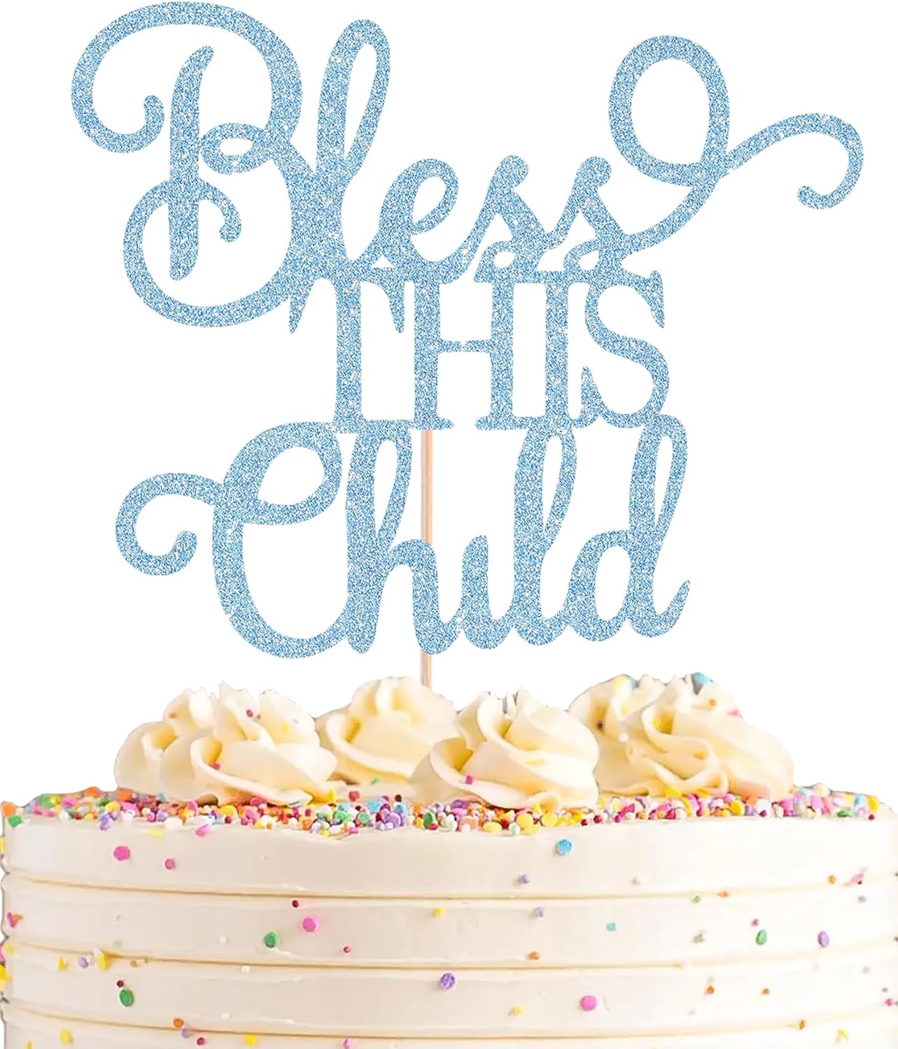 Bless This Child Cake Topper - Light Blue Glitter Chlid Christening Cake Decoration Supply - Smash Cake Topper for First Holy Communion Party/Baby Shower - Baptisim Cake Decor