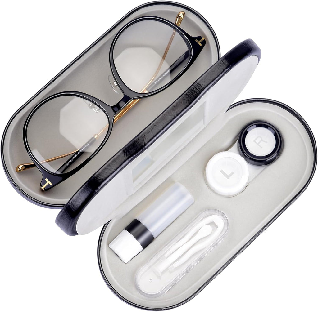 Muf 2 in 1 Contact Lens Case and Glasses Case, Double Sided Design with Mirror, Portable Travel Kit with Tweezer, Remover and Solution Bottle, Black