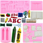 Mujiang Back to School Silicone Molds School Bag Book Scissor Drawing Palette Crayon Fondant Molds For Cake Decorating Cupcake Topper Candy Chocolate Gum Paste Set Of 4