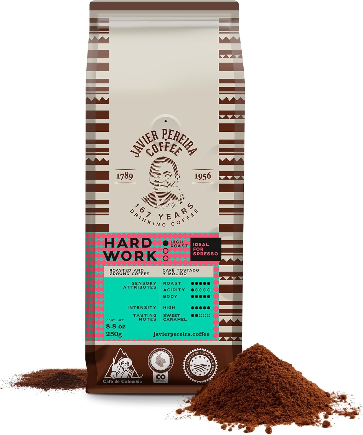 Javier Pereira Coffee Colombian Specialty Coffee Ground Hard Work – Dark Roast Arabica – Bold Espresso Flavor & Caramel Sweetness – Certified Café de Colombia – 8.8 oz