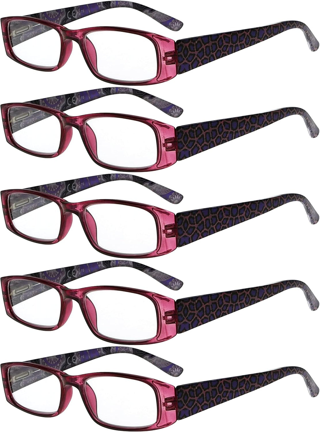 Eyekepper 5-Pack Spring Hinges Tiger Patterned Temples Rectangular Reading Glasses Readers Purple +2.5