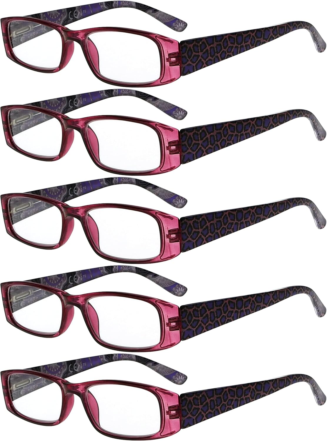 Eyekepper 5-Pack Spring Hinges Tiger Patterned Temples Rectangular Reading Glasses Readers Purple +2.75