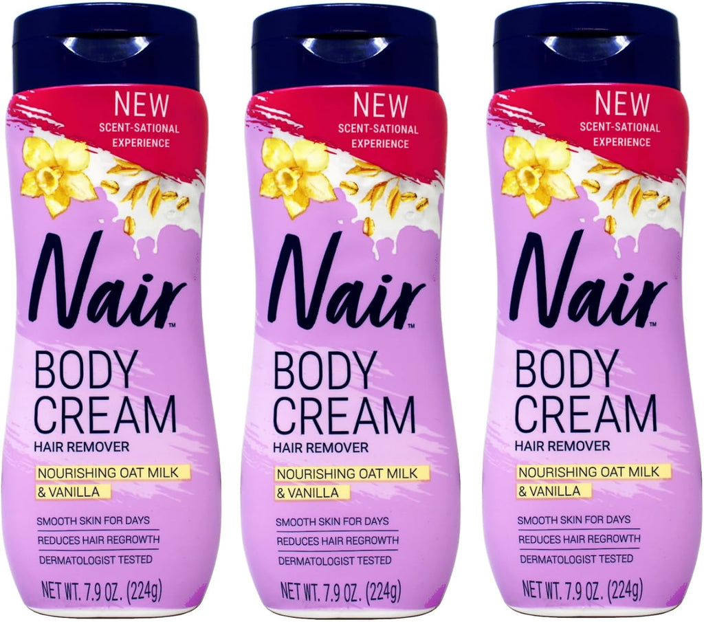 Nair Body Cream Hair Remover, Nourishing Oat Milk & Vanilla, Dermatologist Tested, 7.9 oz (Pack of 3)