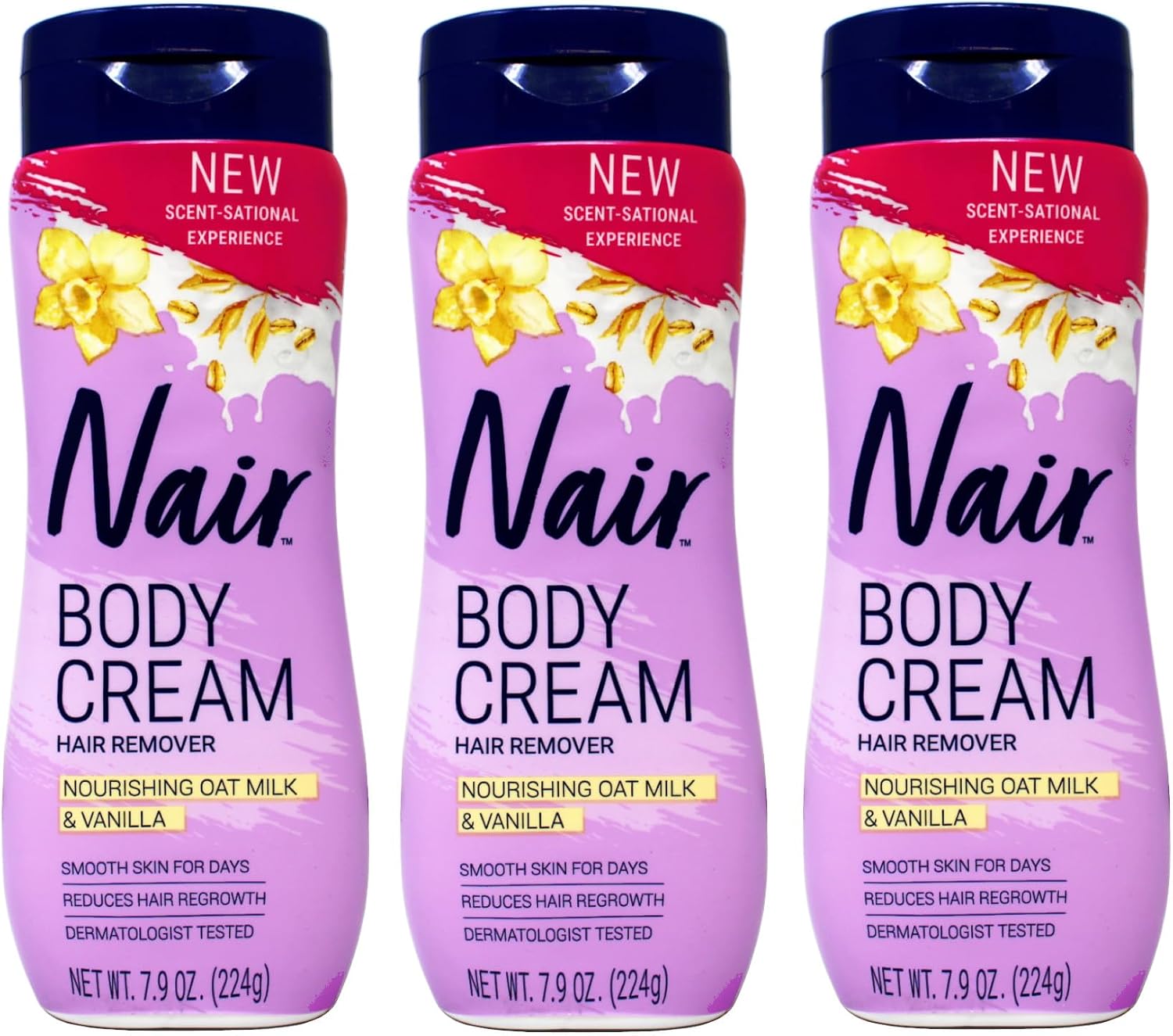 Nair Body Cream Hair Remover, Nourishing Oat Milk & Vanilla, Dermatologist Tested, 7.9 oz (Pack of 3)