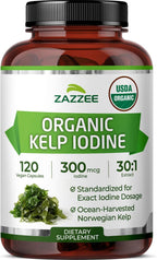 Zazzee USDA Organic Kelp Iodine 30:1 Extract, 300 mcg per Capsule, 120 Vegan Capsules, 4 Month Supply, Ocean-Harvested Norwegian Kelp, Standardized to 1% Iodine for Exact Dosage, Thyroid Support