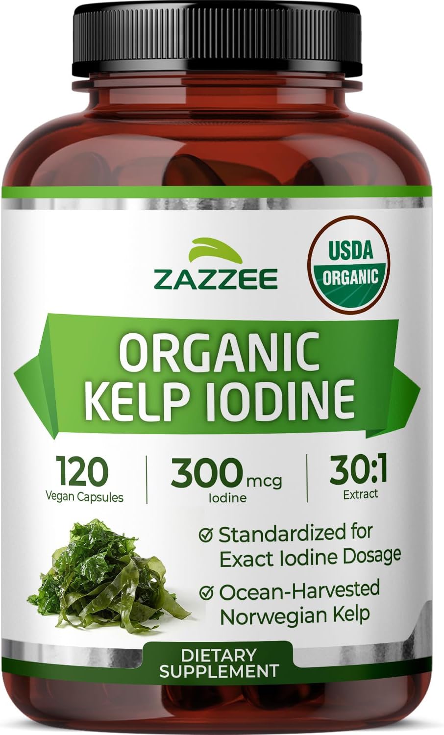 Zazzee USDA Organic Kelp Iodine 30:1 Extract, 300 mcg per Capsule, 120 Vegan Capsules, 4 Month Supply, Ocean-Harvested Norwegian Kelp, Standardized to 1% Iodine for Exact Dosage, Thyroid Support