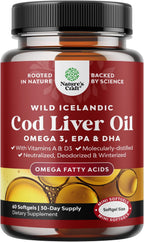 Icelandic Wild Caught Cod Liver Oil Softgels - Fish Omega 3, EPA, DHA, Vitamin D & A, 1000mg Per Serving - Burpless Capsules for Healthy Heart, Healthy Joints, Brain & Immune Support - 60 Count