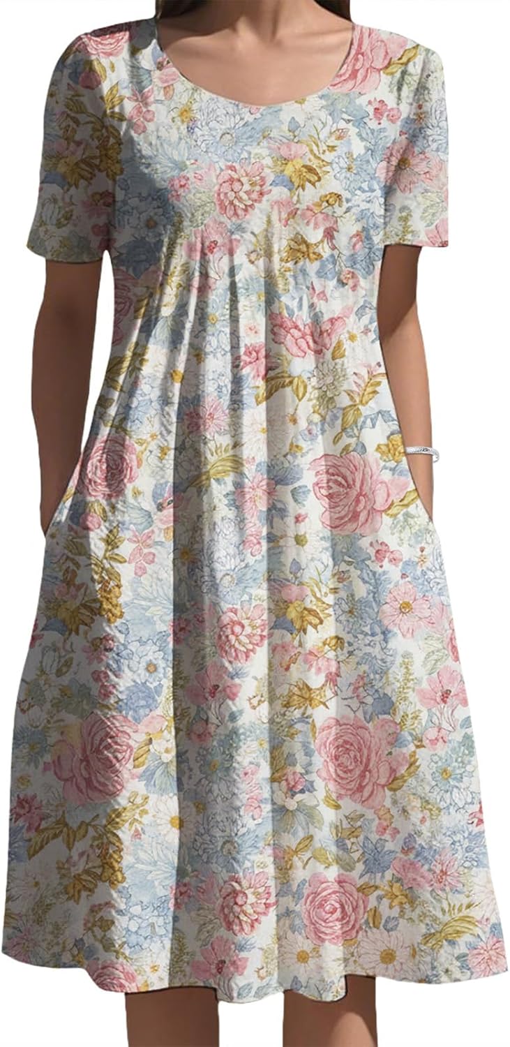Women Boho Floral Midi Dress Short Sleeve Round Neck Flower Pattern Summer Holiday Sundress Relaxed Fit