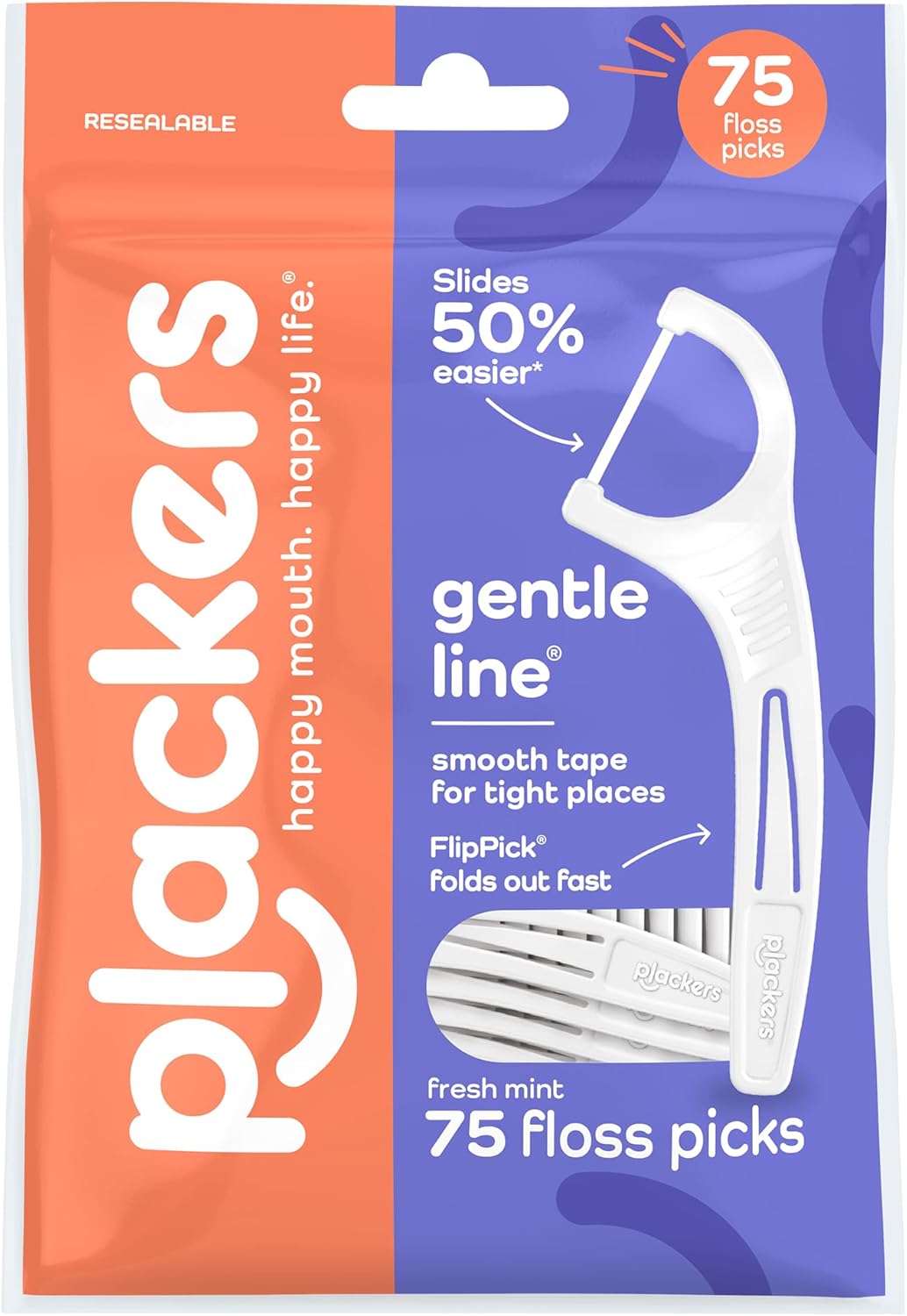 Plackers® Gentle Line® Floss Picks, Super Soft, GentleSlide® Fiber Made Without PTFE, Slides Easily Between Teeth, Fresh Mint, 75 Count