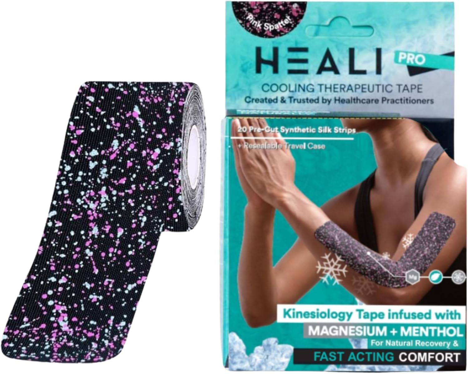 Heali Kinesiology Tape with Magnesium and Menthol, 20 Pcs Precut Strips, K Tape Roll, Knees, Physical Therapy Sports Tape for Muscles and Joints, Water Resistant, Pink Splatter