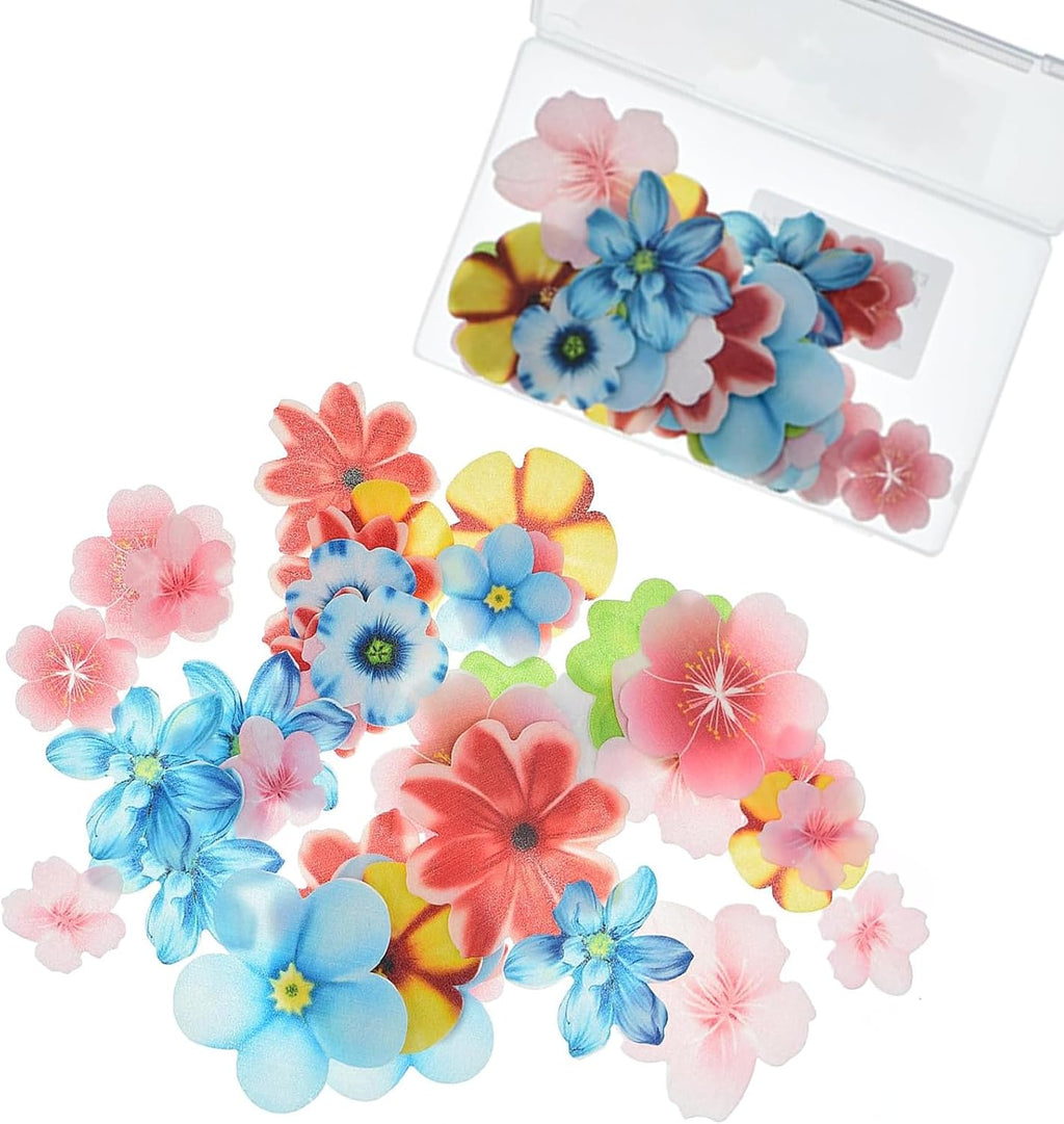 YOcity 70Pcs Edible Flowers Cake Toppers Cupcake Topper Luau Hawaii Flowers Wafer Paper Flower Cake Decorations for Wedding Birthday Baby Shower Party Supplies Mixed Size & Colour