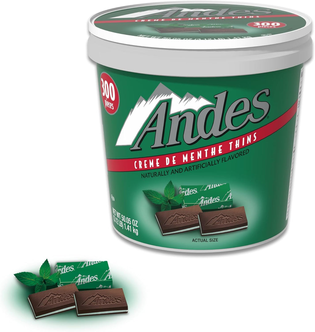Andes Creme De Menthe Thin Mints - 300 Count - Bulk After Dinner Mints - Rectangular Chocolate Sandwich Mint Candies - 3.12 LB Tub