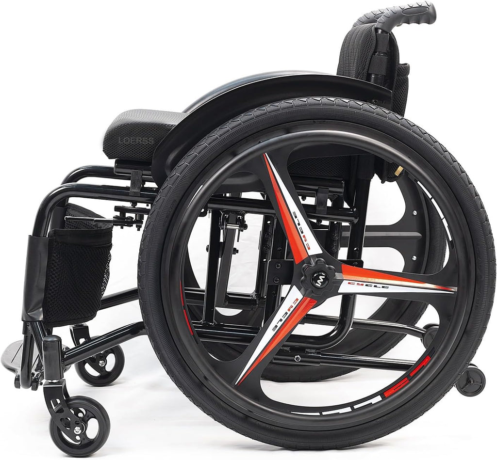 Foldable Ultra Lightweight Sports Wheelchair,Transport Wheelchairs,Portable All-Terrain Self Propelled Aluminum Alloy Manual Wheel Chair with Anti-Tipper,Load Capacity 220 Lbs(Black A)