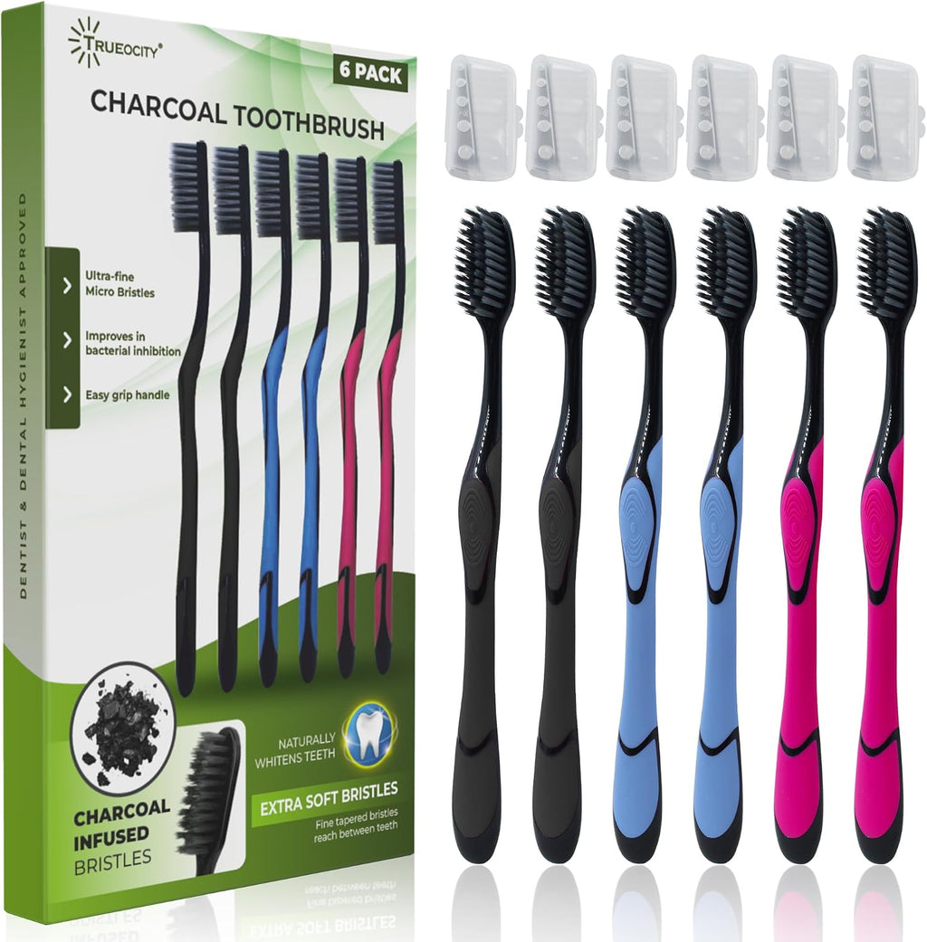 Charcoal Toothbrush 6 Pack, Natural Teeth Whitening Solution - Ultra Soft Tooth Brush - Gentle, Slim Brush Head - Black Toothbrushes for Adults Working Great with Activated Charcoal Toothpaste
