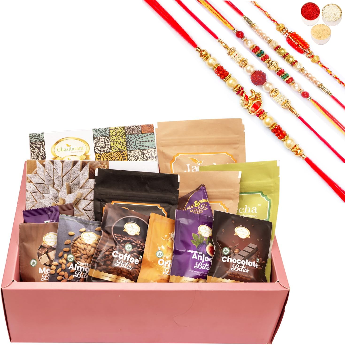 Ghasitaram Gifts Jaiccha Rakhi Gifts for Brothers - Rust Hamper Box with bites with 5 Rakhis