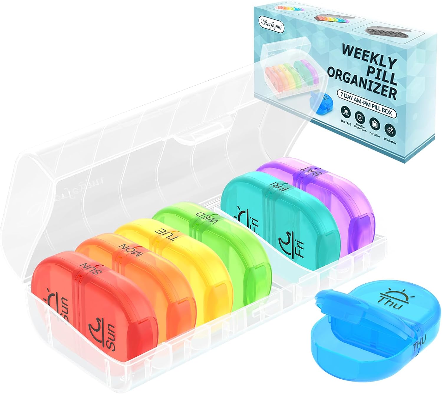 Serfeymi Weekly Pill Organizer 2 Times a Day Travel Medicine Pill Organizer AM PM Pill Box 7 Day with Protection Pill Case Daily Medication Organizer For Vitamins, Fish Oil-Clear Case+Rainbow Pill Box