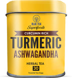 BLUE TEA - Turmeric Tea - Ashwagandha - 30 Count - Pyramid Plant Based Tea Bag | CURCUMIN RICH - HERBAL BLEND | Herbal Tea - Caffeine Free - Non-GMO - Vegan - Gluten Free - No Sugar | Reusable Tin Pack