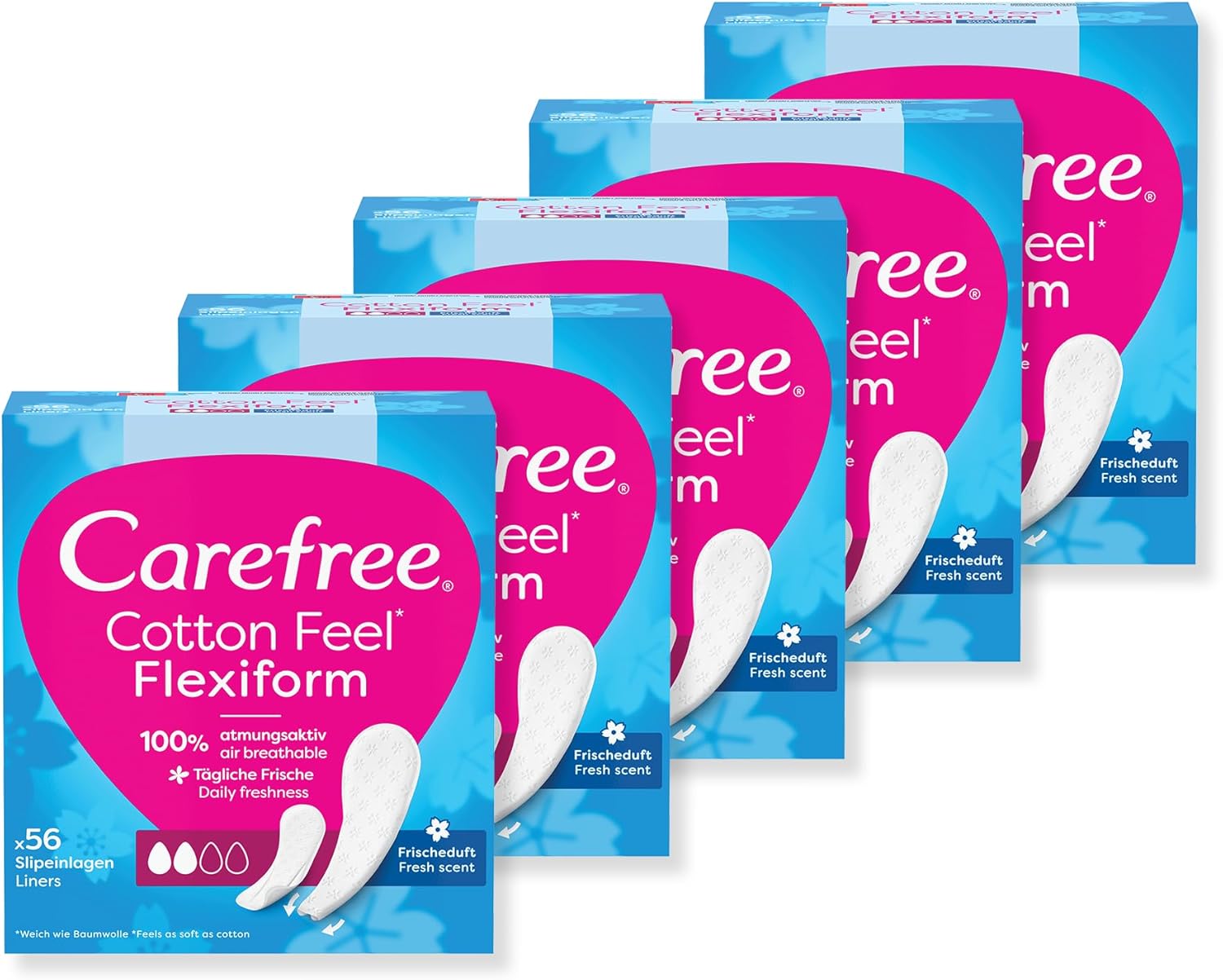 Carefree Cotton Feel Flexiform Panty Liners with Fresh Scent and 100% Breathable for Everyday Freshness and Soft Comfort 56 Count