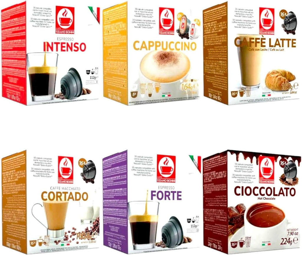 Caffè Tiziano Bonini Bonini Dolce Gusto Compatible Variety Pack Coffee Pods. Blends Inc. Espresso Intenso & Forte, Cappuccino, Cortado, Hot Chocolate. (Pack of 6, Total 96 pods)