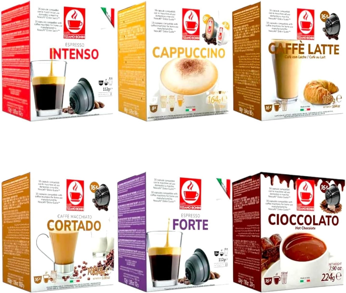Caffè Tiziano Bonini Bonini Dolce Gusto Compatible Variety Pack Coffee Pods. Blends Inc. Espresso Intenso & Forte, Cappuccino, Cortado, Hot Chocolate. (Pack of 6, Total 96 pods)