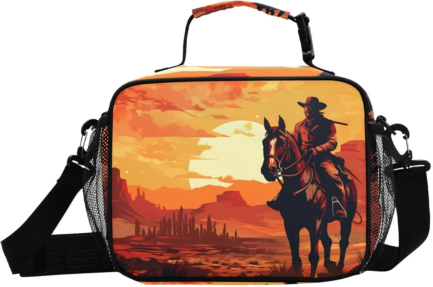 Western Cowboy Sunset Insulated Lunch Box for Women Men - Fit for Work, Picnics, and Summer Outings - Includes Adjustable Shoulder Strap