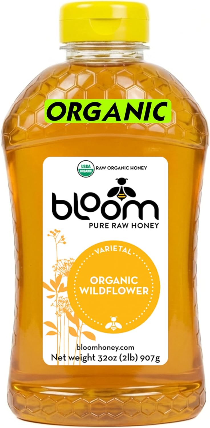 Bloom Honey Award Winning 100% Pure Organic Raw Honey Unfiltered and Unpasteurized USDA, Kosher Certified Raw Honey (Wildflower, 32oz)